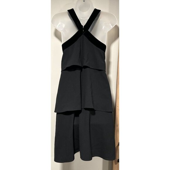 Ann Taylor Black Velvet Trim Tiered Cross Neck Midi Dress Size 6 Wedding Guest - Picture 7 of 9